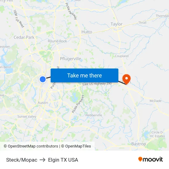 Steck/Mopac to Elgin TX USA map