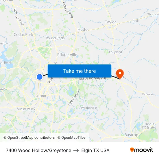 7400 Wood Hollow/Greystone to Elgin TX USA map
