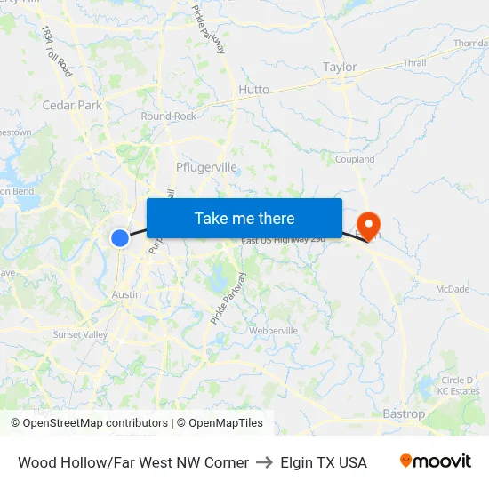 Wood Hollow/Far West NW Corner to Elgin TX USA map