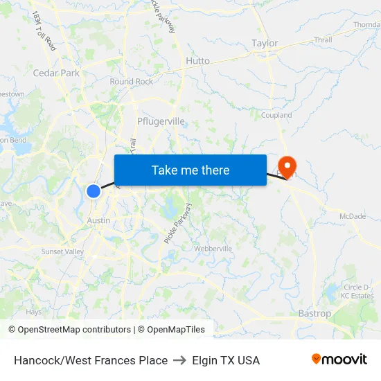 Hancock/West Frances Place to Elgin TX USA map