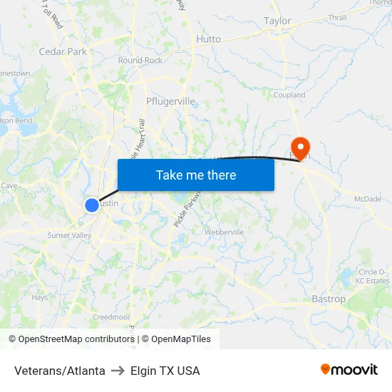 Veterans/Atlanta to Elgin TX USA map