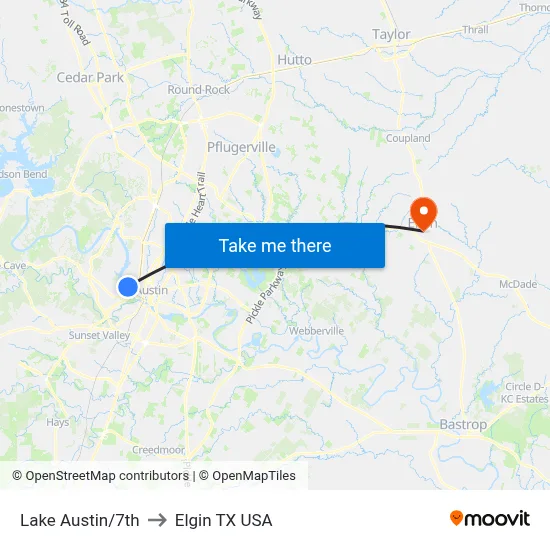 Lake Austin/7th to Elgin TX USA map