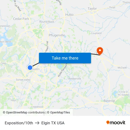 Exposition/10th to Elgin TX USA map