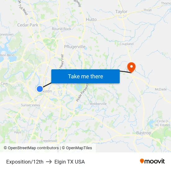 Exposition/12th to Elgin TX USA map