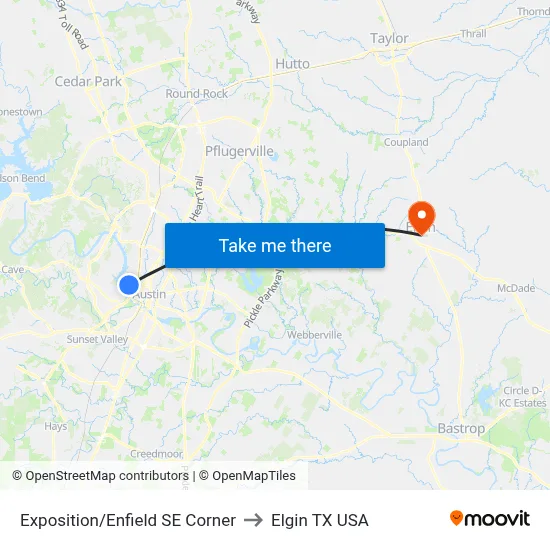 Exposition/Enfield SE Corner to Elgin TX USA map