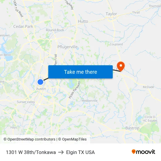 1301 W 38th/Tonkawa to Elgin TX USA map