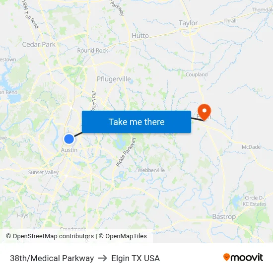 38th/Medical Parkway to Elgin TX USA map