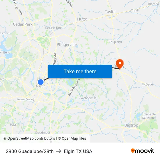 2900 Guadalupe/29th to Elgin TX USA map