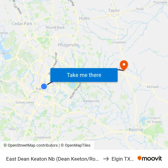 East Dean Keaton Nb (Dean Keeton/Robert Dedman) to Elgin TX USA map