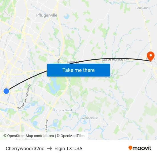 Cherrywood/32nd to Elgin TX USA map