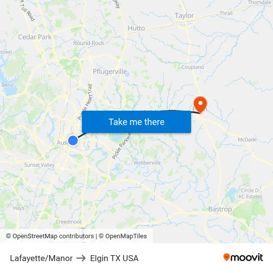 Lafayette/Manor to Elgin TX USA map