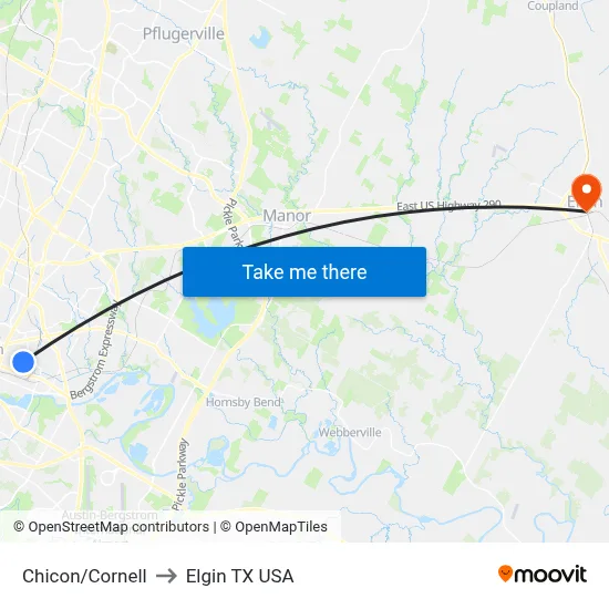 Chicon/Cornell to Elgin TX USA map