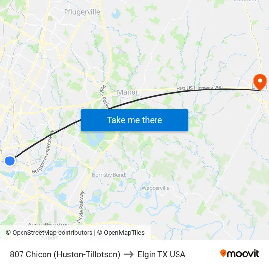 807 Chicon (Huston-Tillotson) to Elgin TX USA map