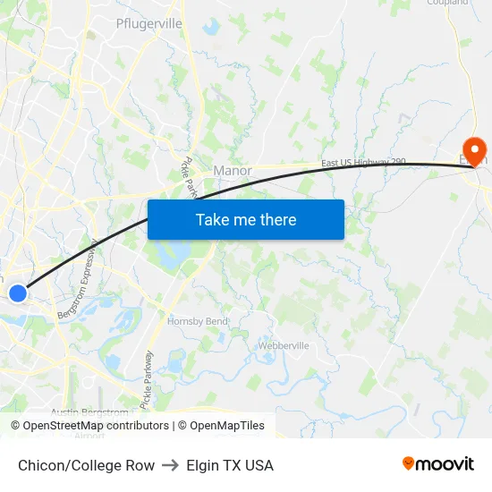 Chicon/College Row to Elgin TX USA map
