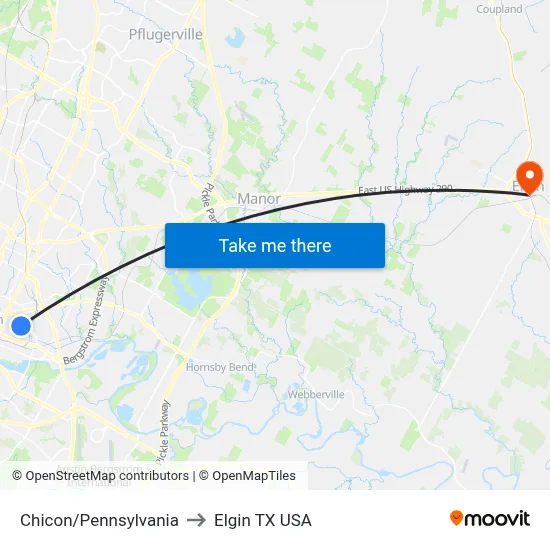 Chicon/Pennsylvania to Elgin TX USA map