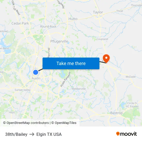 38th/Bailey to Elgin TX USA map