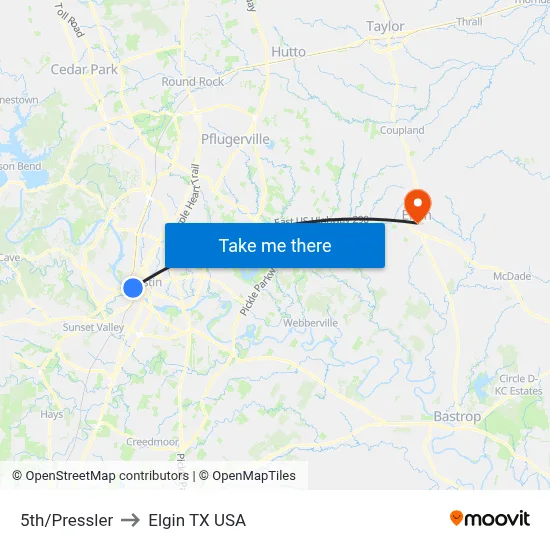 5th/Pressler to Elgin TX USA map