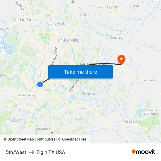 5th/West to Elgin TX USA map