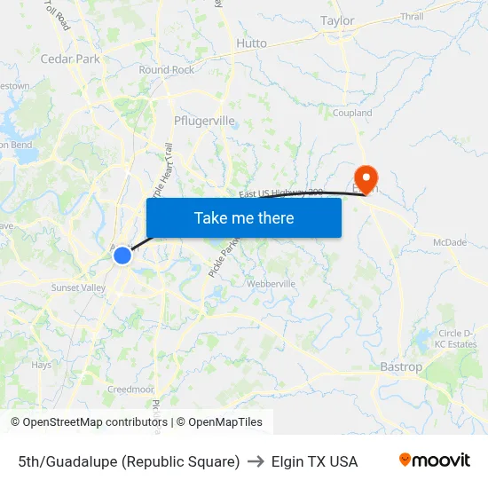 5th/Guadalupe (Republic Square) to Elgin TX USA map
