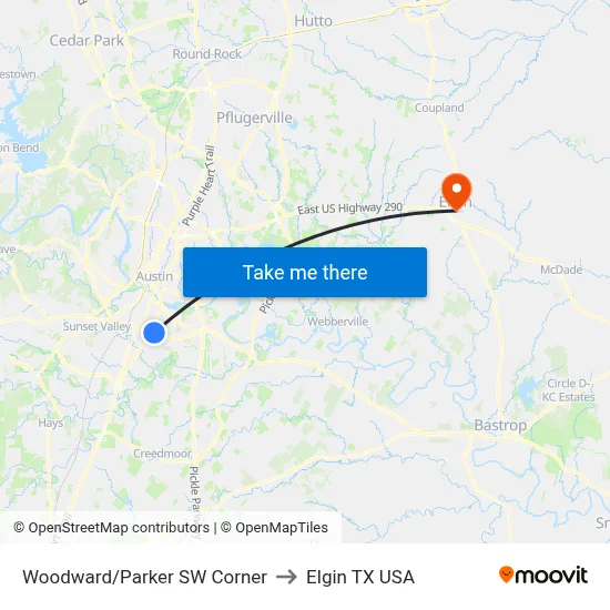 Woodward/Parker SW Corner to Elgin TX USA map