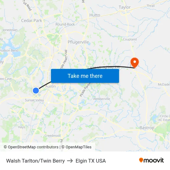 Walsh Tarlton/Twin Berry to Elgin TX USA map