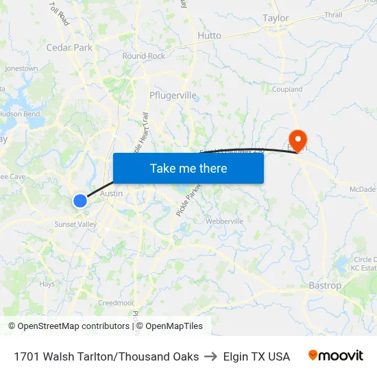 1701 Walsh Tarlton/Thousand Oaks to Elgin TX USA map
