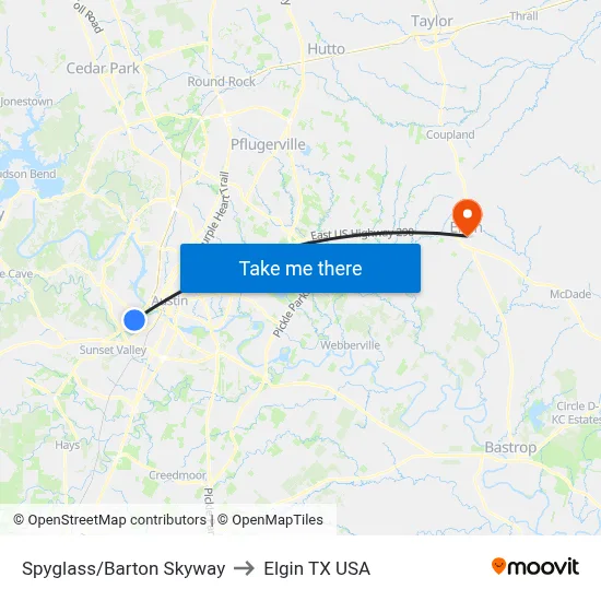 Spyglass/Barton Skyway to Elgin TX USA map