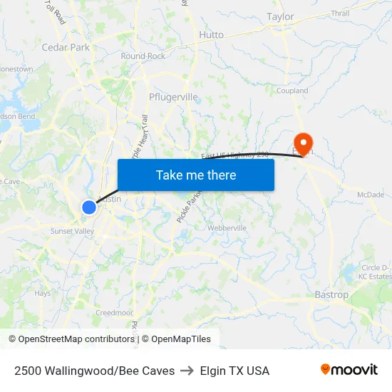 2500 Wallingwood/Bee Caves to Elgin TX USA map