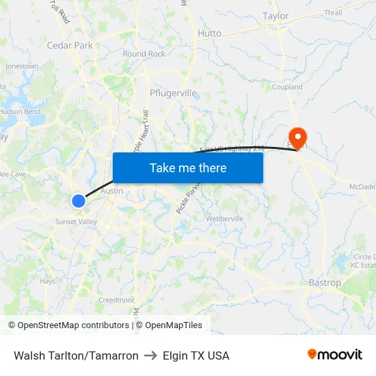Walsh Tarlton/Tamarron to Elgin TX USA map