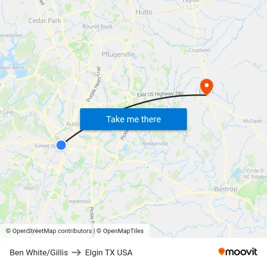 Ben White/Gillis to Elgin TX USA map