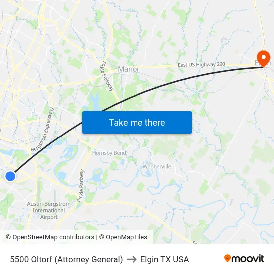 5500 Oltorf (Attorney General) to Elgin TX USA map