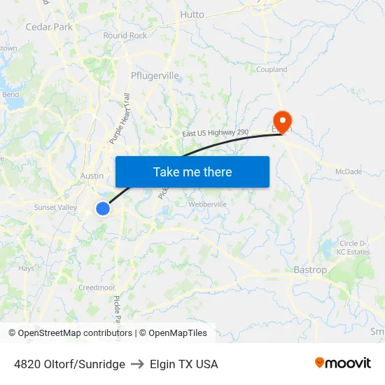 4820 Oltorf/Sunridge to Elgin TX USA map