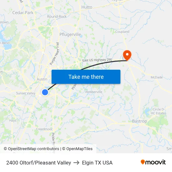 2400 Oltorf/Pleasant Valley to Elgin TX USA map