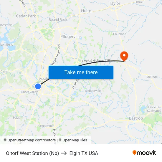 Oltorf West Station (Nb) to Elgin TX USA map