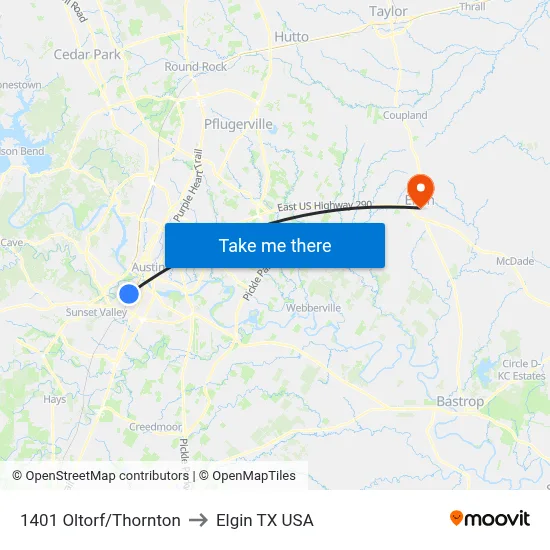 1401 Oltorf/Thornton to Elgin TX USA map