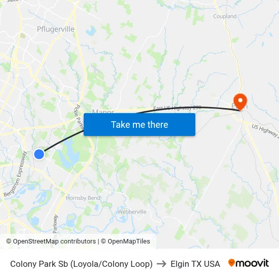 Colony Park Sb (Loyola/Colony Loop) to Elgin TX USA map