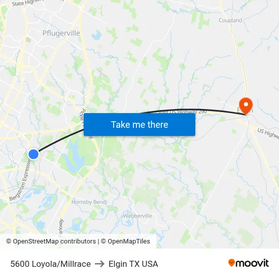 5600 Loyola/Millrace to Elgin TX USA map