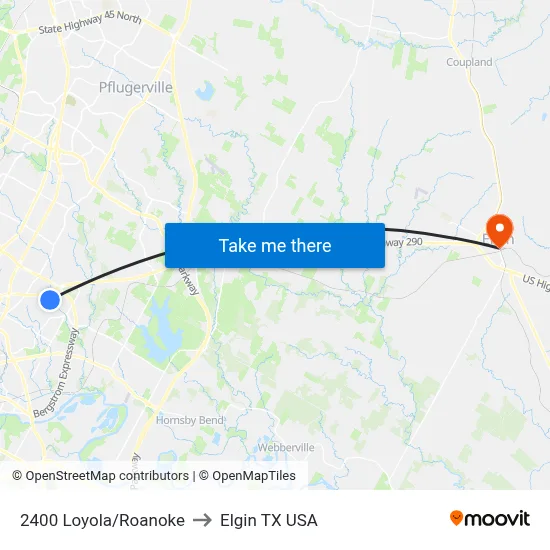 2400 Loyola/Roanoke to Elgin TX USA map