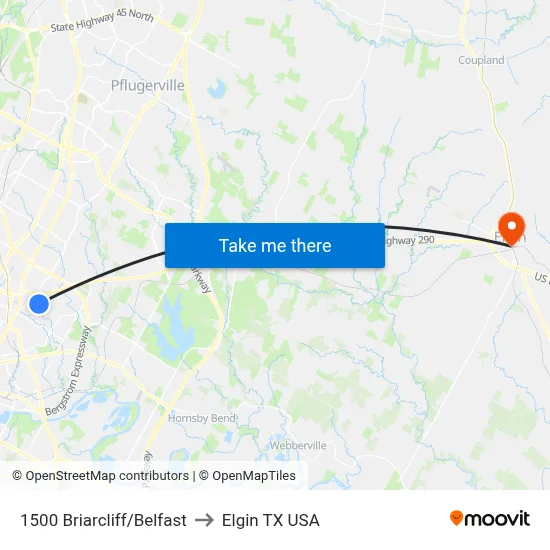 1500 Briarcliff/Belfast to Elgin TX USA map