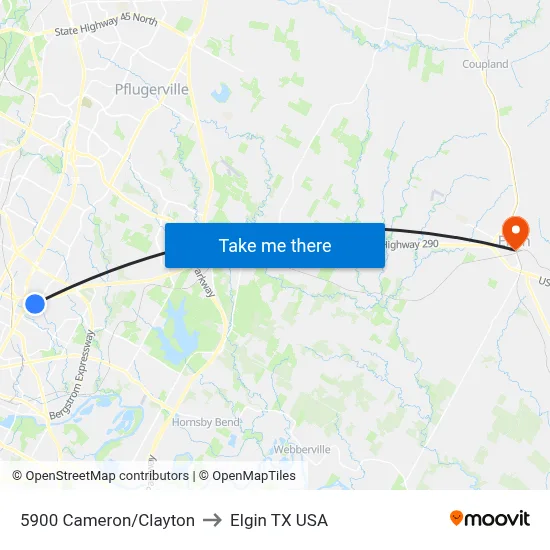 5900 Cameron/Clayton to Elgin TX USA map
