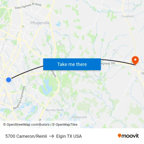 5700 Cameron/Reinli to Elgin TX USA map