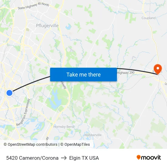 5420 Cameron/Corona to Elgin TX USA map