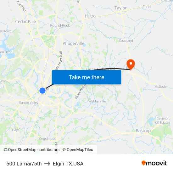 500 Lamar/5th to Elgin TX USA map