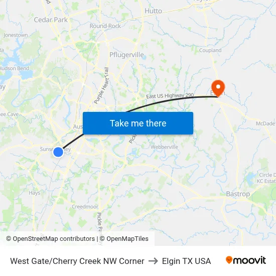 West Gate/Cherry Creek NW Corner to Elgin TX USA map