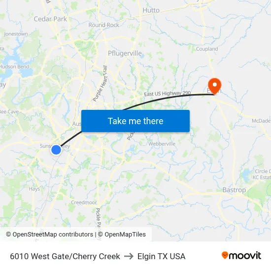 6010 West Gate/Cherry Creek to Elgin TX USA map