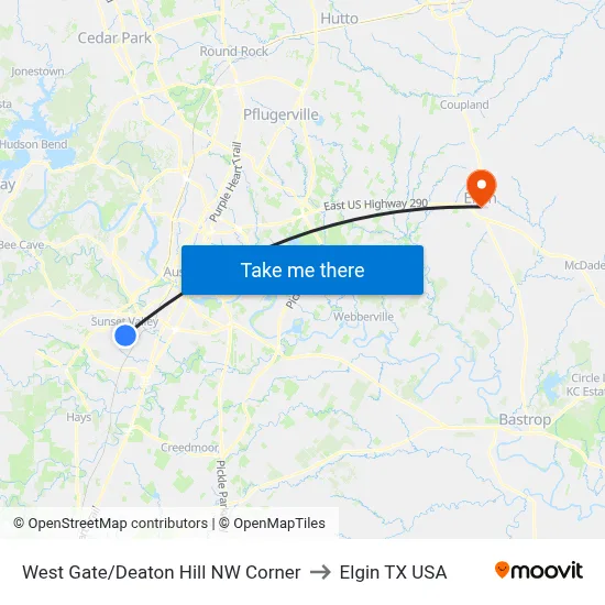 West Gate/Deaton Hill NW Corner to Elgin TX USA map