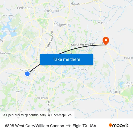 6808 West Gate/William Cannon to Elgin TX USA map