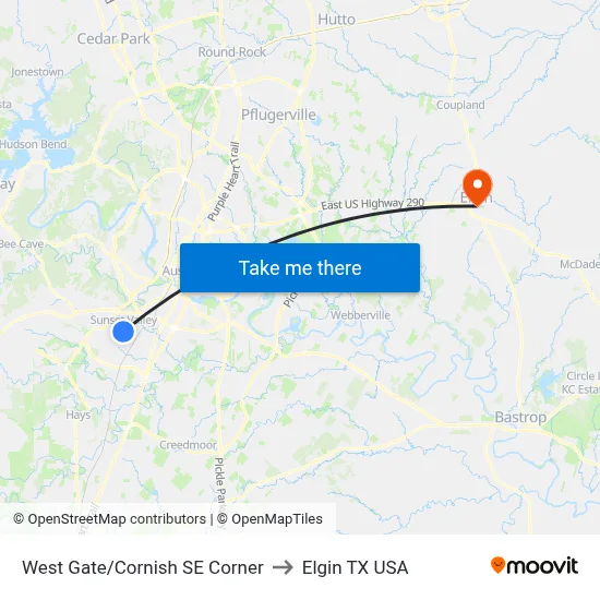 West Gate/Cornish SE Corner to Elgin TX USA map
