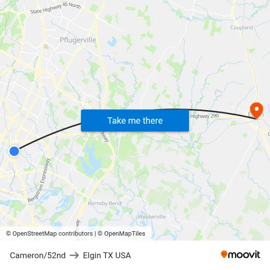Cameron/52nd to Elgin TX USA map