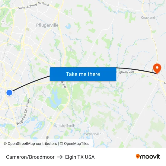 Cameron/Broadmoor to Elgin TX USA map